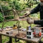 Backyard metal repairs tools and rusted chair being fixed