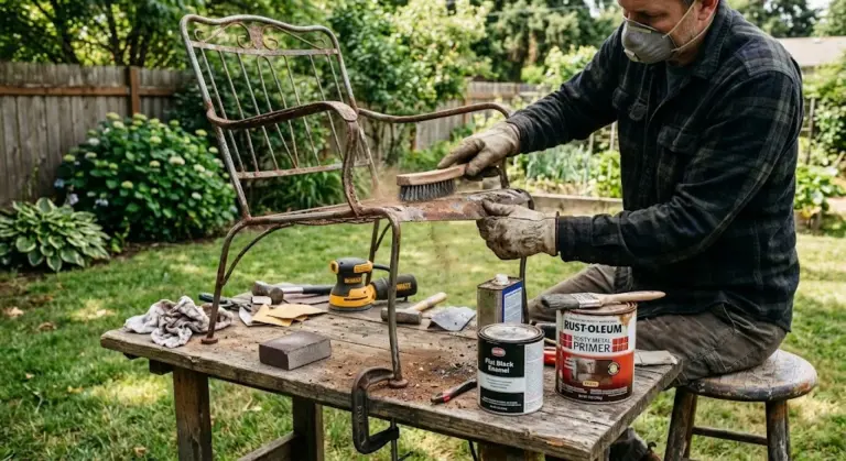 Backyard metal repairs tools and rusted chair being fixed