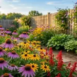 A lush garden bed filled with colorful outdoor plants including coneflowers, salvia, and hostas in natural sunlight.