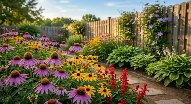 A lush garden bed filled with colorful outdoor plants including coneflowers, salvia, and hostas in natural sunlight.