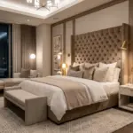 luxury bed frame design with upholstered platform bed in modern bedroom