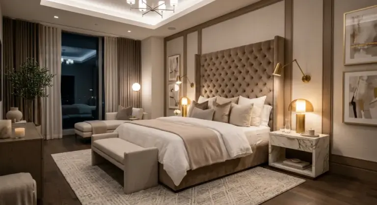 luxury bed frame design with upholstered platform bed in modern bedroom