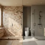 Zellige vs porcelain bathroom tiles. Glossy vs matte texture in a modern luxury split-view bathroom.