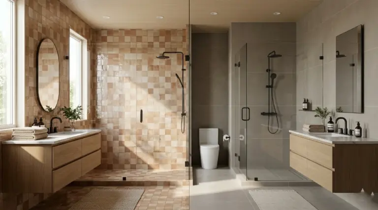 Zellige vs porcelain bathroom tiles. Glossy vs matte texture in a modern luxury split-view bathroom.
