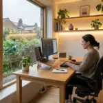 home office design ideas UK with oak desk and layered lighting