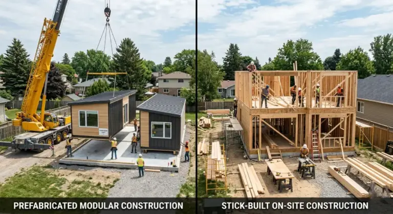 Prefab and stick-built construction methods side by side for ADU building