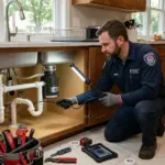 Professional plumbing contractor inspecting residential pipes in Pennsylvania home