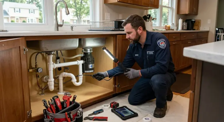 Professional plumbing contractor inspecting residential pipes in Pennsylvania home