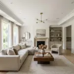 Modern living room with elegant crown molding at the ceiling and wall junction in a luxury interior design.