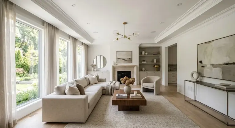 Modern living room with elegant crown molding at the ceiling and wall junction in a luxury interior design.