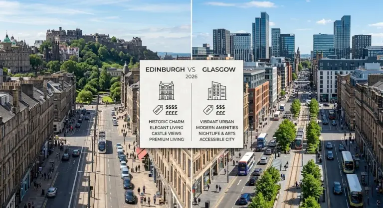 Edinburgh vs Glasgow city comparison showing historic Edinburgh and modern Glasgow skyline with housing market theme in 2026.