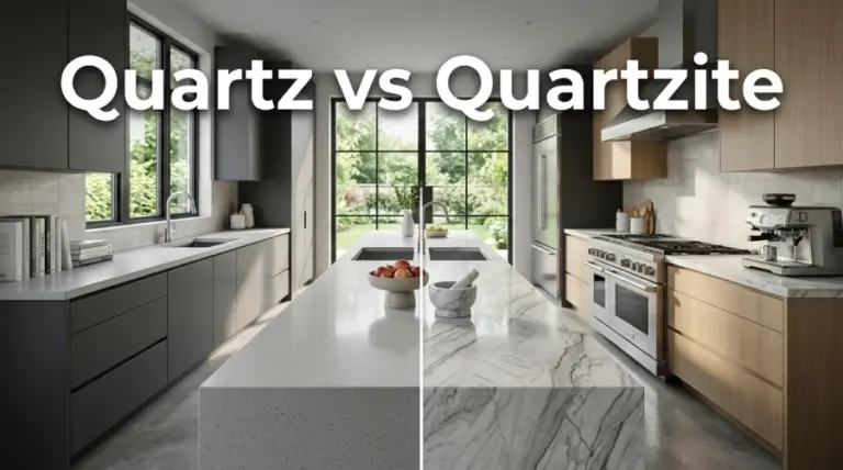 Quartz vs Quartzite countertop comparison in a modern kitchen