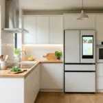 Modern smart kitchen with a touchscreen refrigerator, digital oven, and voice assistant speaker on the counter