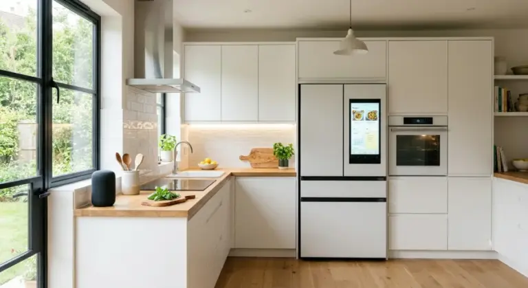 How to Build a Fully Automated Smart Kitchen: Modern Ideas, Appliances, and Layouts Modern smart kitchen with a touchscreen refrigerator, digital oven, and voice assistant speaker on the counter