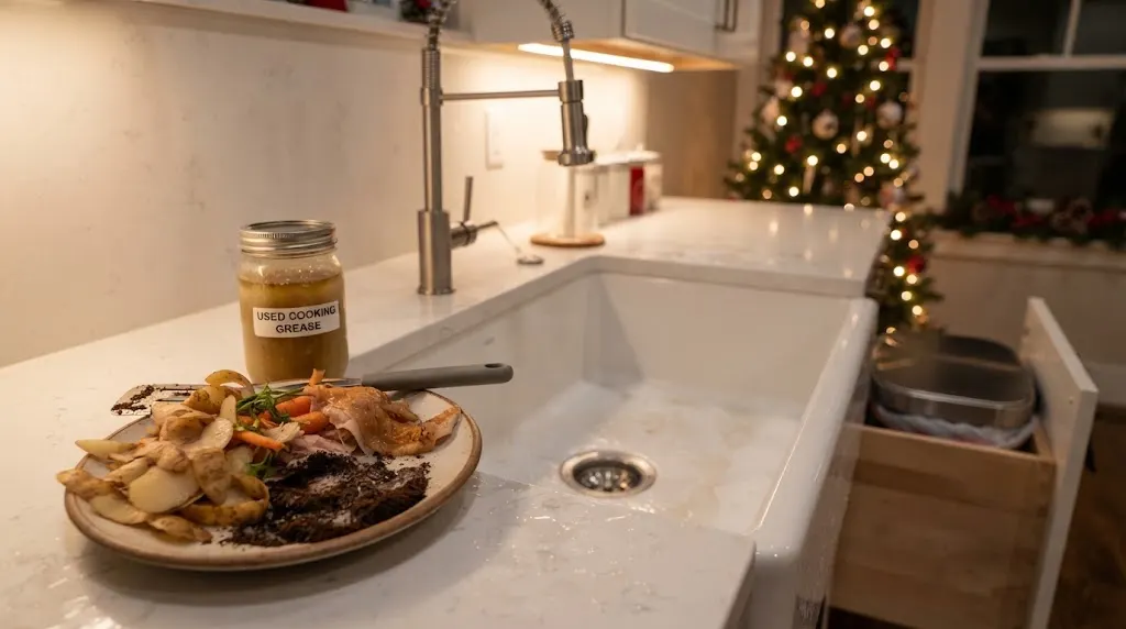 Plumbing Tips to Avoid a Disaster this Christmas - Your Source for the Latest Housing Trends | Housing Market News| Christmas kitchen sink with food scraps and cooking grease ready for proper disposal