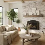Modern living room with a whitewashed brick fireplace
