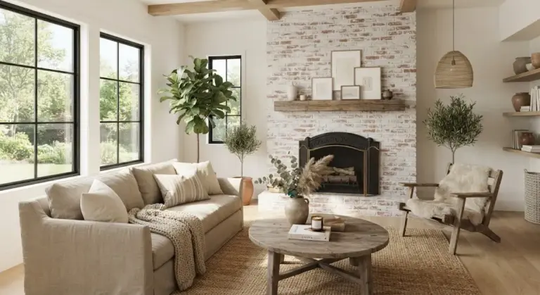 Modern living room with a whitewashed brick fireplace