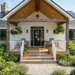 Beautiful wood front porch with exposed beams and seating