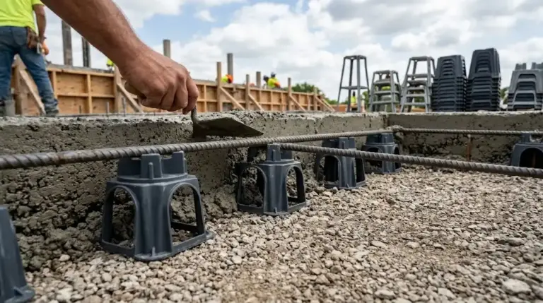 What Is The Purpose Of A Chair Or Spacer In Concrete Reinforcement? Black plastic rebar chairs supporting steel reinforcement bars on a gravel base during concrete pouring. Chair Or Spacer