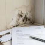 Damp and peeling wallpaper on a room wall next to an official housing disrepair legal letter, house key, and pen on a windowsill.