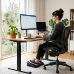 Person using an ergonomic chair and adjustable desk in a modern home office