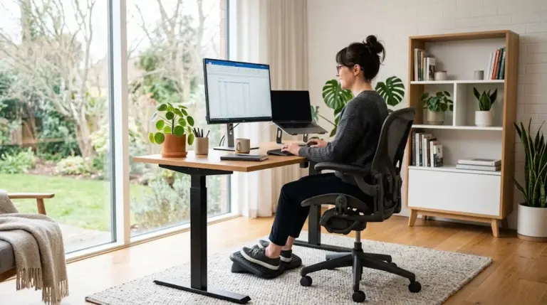 What Is Ergonomic Furniture: Benefits, Types & Features Person using an ergonomic chair and adjustable desk in a modern home office