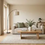 Japandi color palette living room with warm neutrals wood and sage green