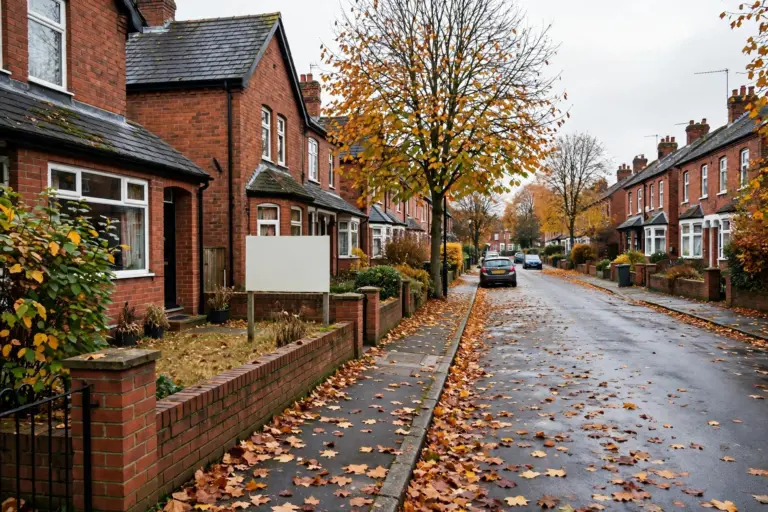 Red-brick terraced houses on a British street in autumn with fallen leaves and a blank estate agent board