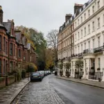 Victorian red-brick terraced houses beside London-style townhouses on a UK residential street