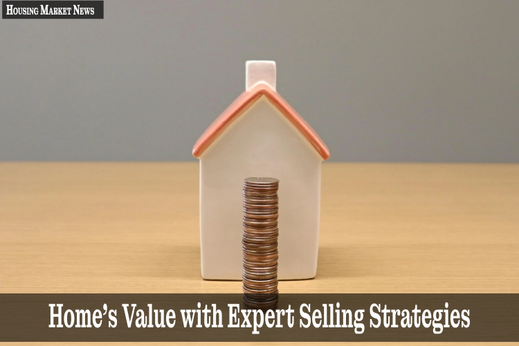 Stack of coins in front of a house model, symbolizing selling your home for profit